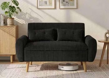 Black Corduroy 2-Seater Sofa with Wood Legs