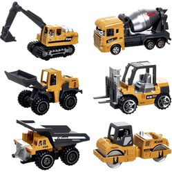 Construction Trucks Vehicles, 6Pcs Die-cast Construction Toys Set, Toys for Boys, Mini Excavator Mixer Truck Bulldozers Forklift Dump Truck,Roller, Ca