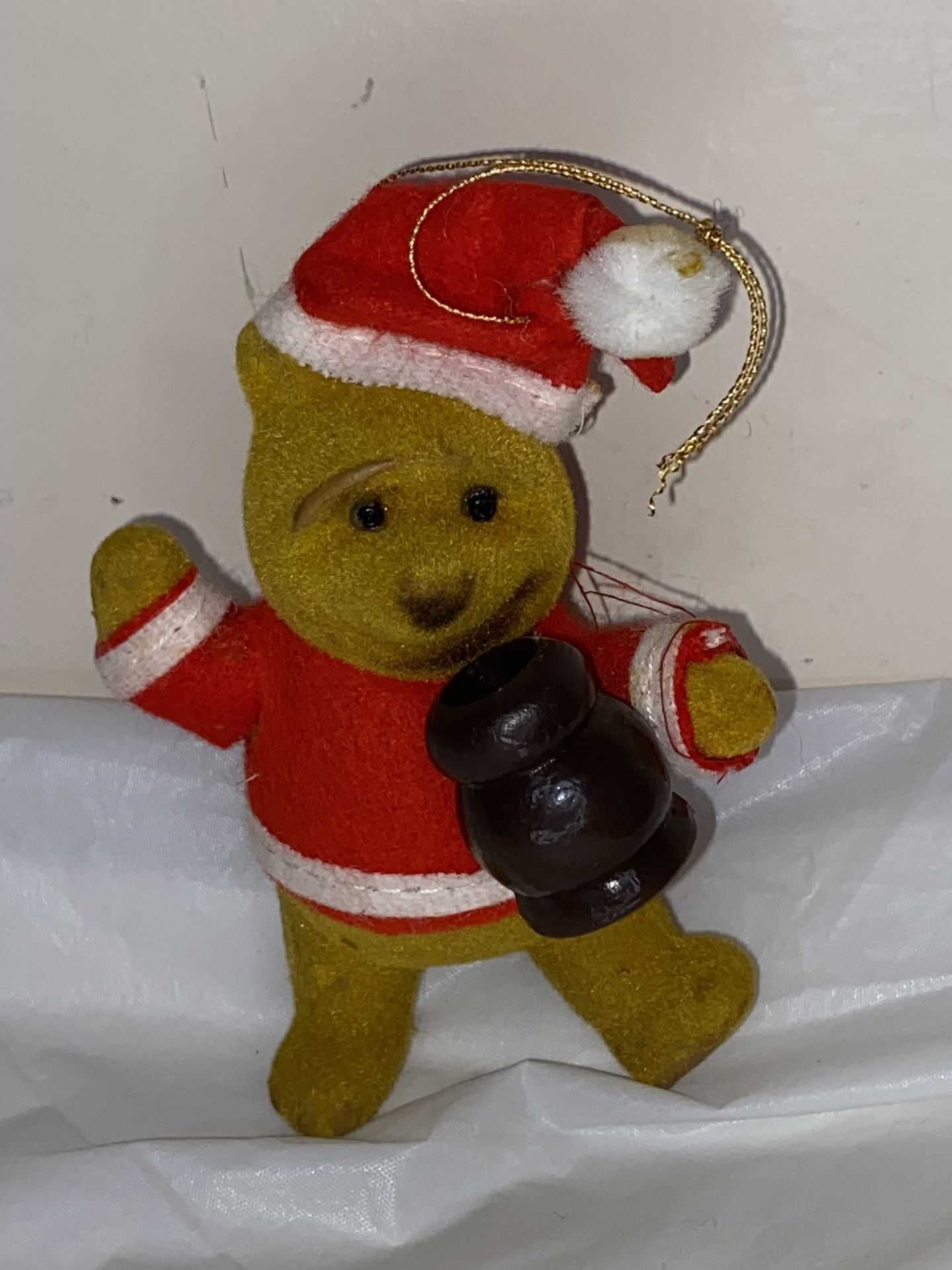 Disney Vintage FLOCKED POOH BEAR Christmas Ornament HONG Kong