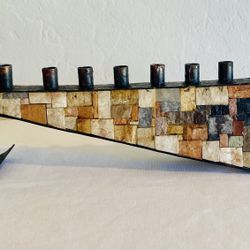 Vintage Judaica EILON MOSAICS Menorah Copper Stone Israel Brutalist Candle Holder