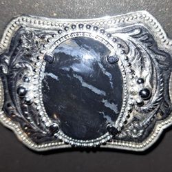 Fancy Silver Black Marbled Stone Belt Buckle