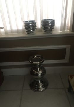 Large silver candleholder & 2 silver flower pots