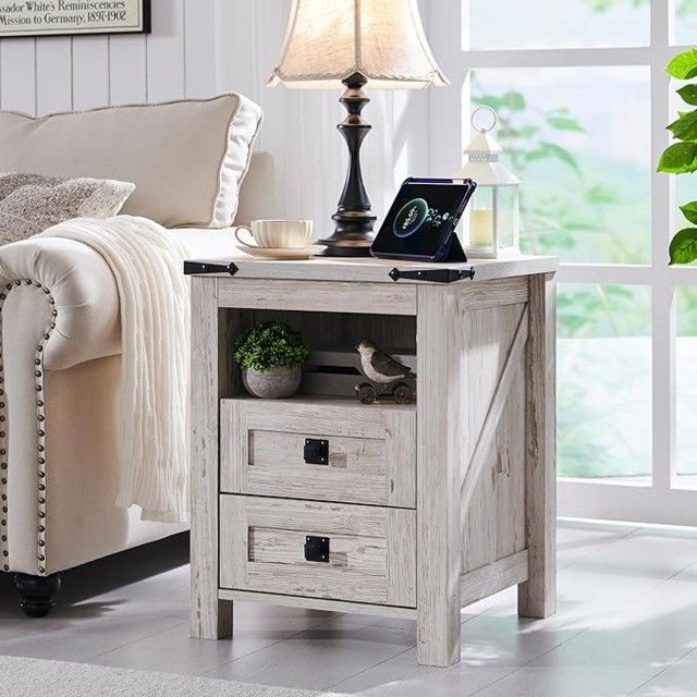 Nightstand with Charging Station, End Table, Side Table with 2 Drawers Storage Cabinet for Bedroom, Living Room, Farmhouse Design