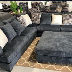 Lavernett Charcoal 3-Piece Sectional and Oversized Ottoman