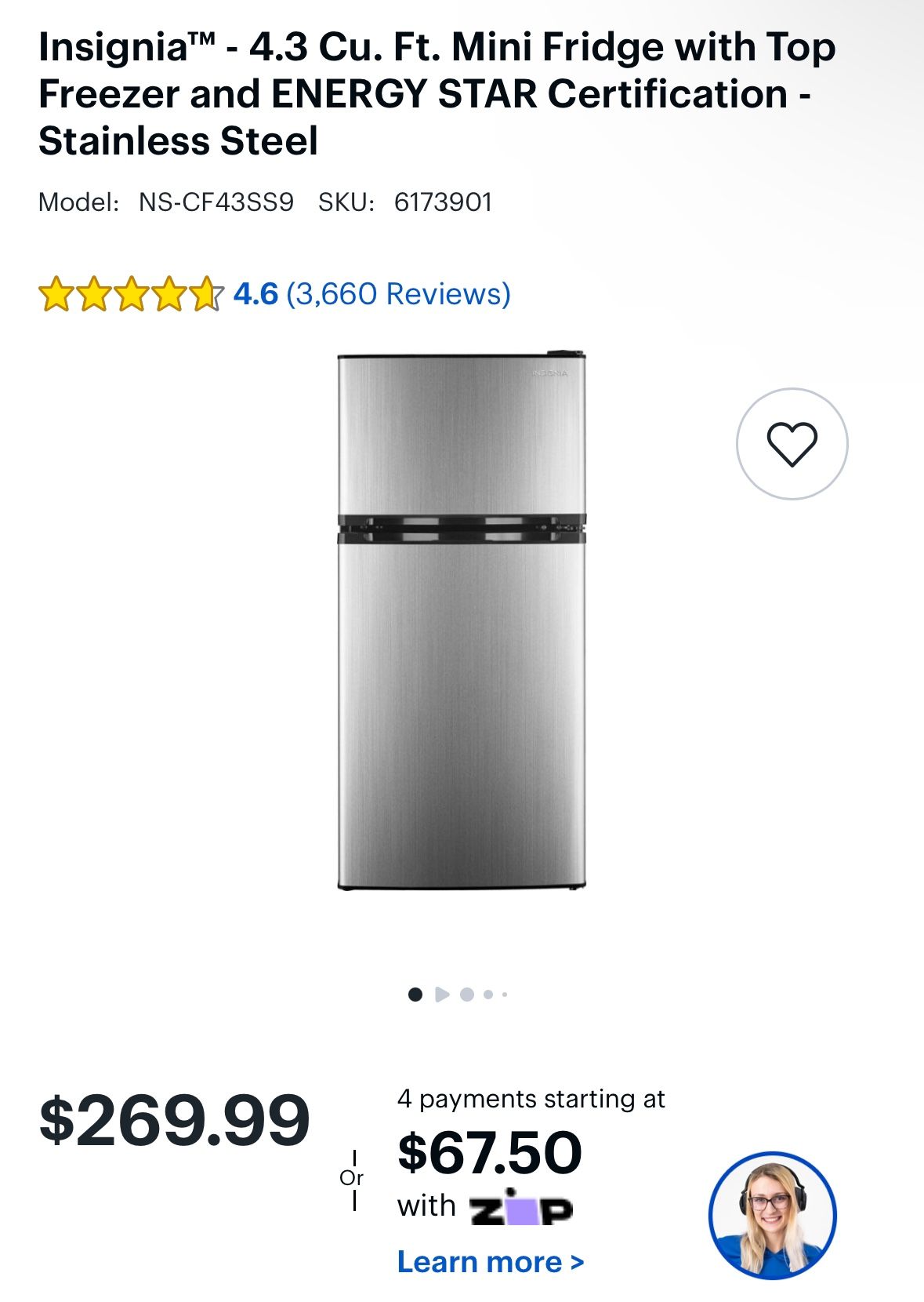 Insignia™ - 4.3 Cu. Ft. Mini Fridge with Top Freezer and ENERGY STAR Certification - Stainless Steel