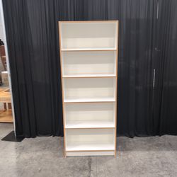 Five-Shelf White Bookcase with Wood-Look Trim