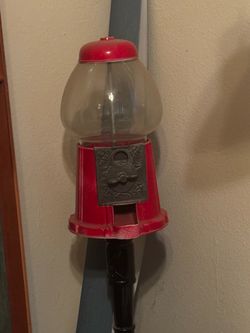 Vintage Red Glass & Metal Gumball Machine on Tall Stand