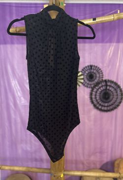 Black Polka Dot Bodysuit Tank Top With Button Up Neck In Back