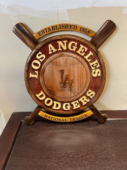 Handcrafted wooden 3D wall plaque celebrating the Los Angeles Dodgers baseball team