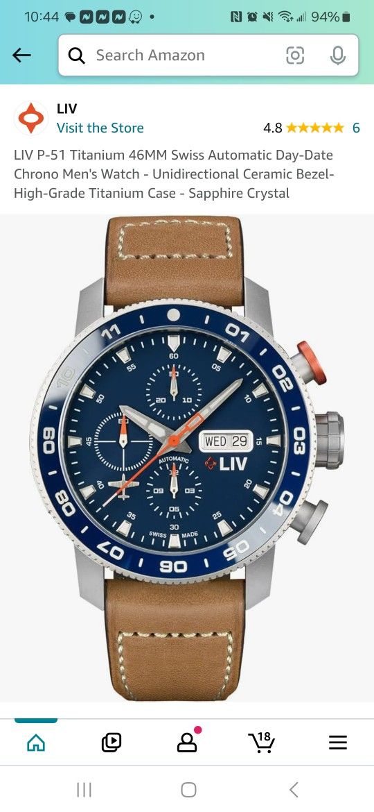 LIV
4.8 6
LIV P-51 Titanium 46MM Swiss Automatic Day-Date Chrono Men's Watch - Unidirectional Ceramic Bezel- Hig