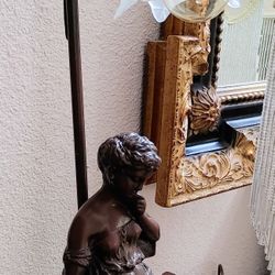 Vintage Art Nouveau Lady Reading Lamp With Floral Glass Shade