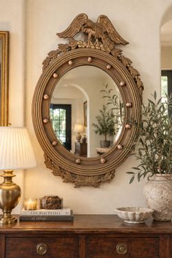 Vintage Federal Eagle Convex Bullseye Mirror Gold Gilt Ornate Wall Mirror Large Wooden Weathered Wall Hanging Collectible Rare