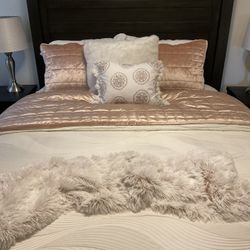 Bedding - Queen Size White Comforter, Rose Plush Blanket, Pillows & Shams, & Throw 