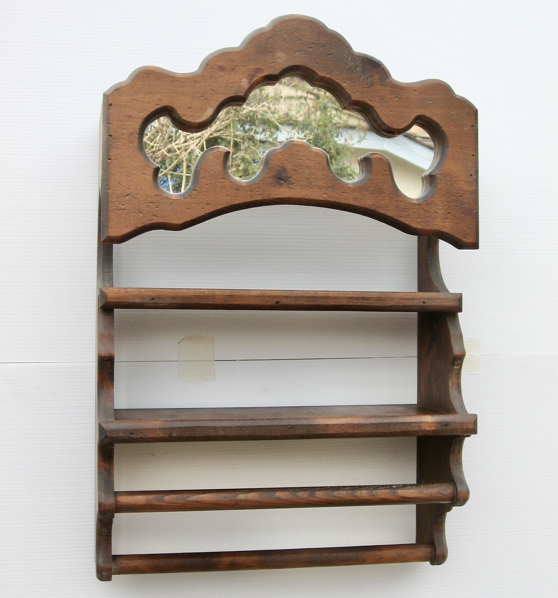 Vintage 70’s Handmade Wood Shelf & Towel Bar w Carved Mirror Push See More for All Info