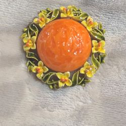 Enamel Metal Flower 1940s ARTHUR PEPPER ART Orange Dome Center Vine Halo Brooch