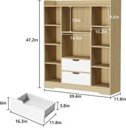 Oak and White Kids Bookshelf, Kids Bookcase with 10 Cubbies and 2 drawers,