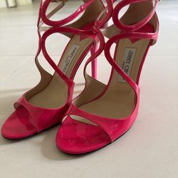 Jimmy Choo Lance Strappy Sandals Hot Pink Neon Patent Leather Size 40 - Worn 1x