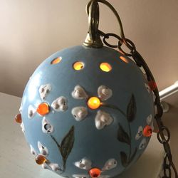 Vintage 1970s Handpainted Ceramic & Amber Glass Chain Swag Lamp