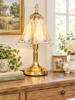 Vintage Gold Tone 6 Panel Etched Glass 3 Way Touch Lamp 17" Tall