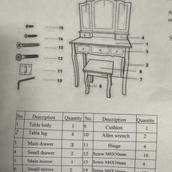 Amerlife Vanity Makeup Set Bedroom Vanity Table Dressing Table with 5 Drawers, 2 Brush Slots, Open Compartments and Tri-Fold Necklace Hooked Mirror, C