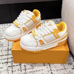 LV Trainer Maxi Little Chubby Leather Logo Beaded Embellished Low Top Board Shoes White Yellow Unisex