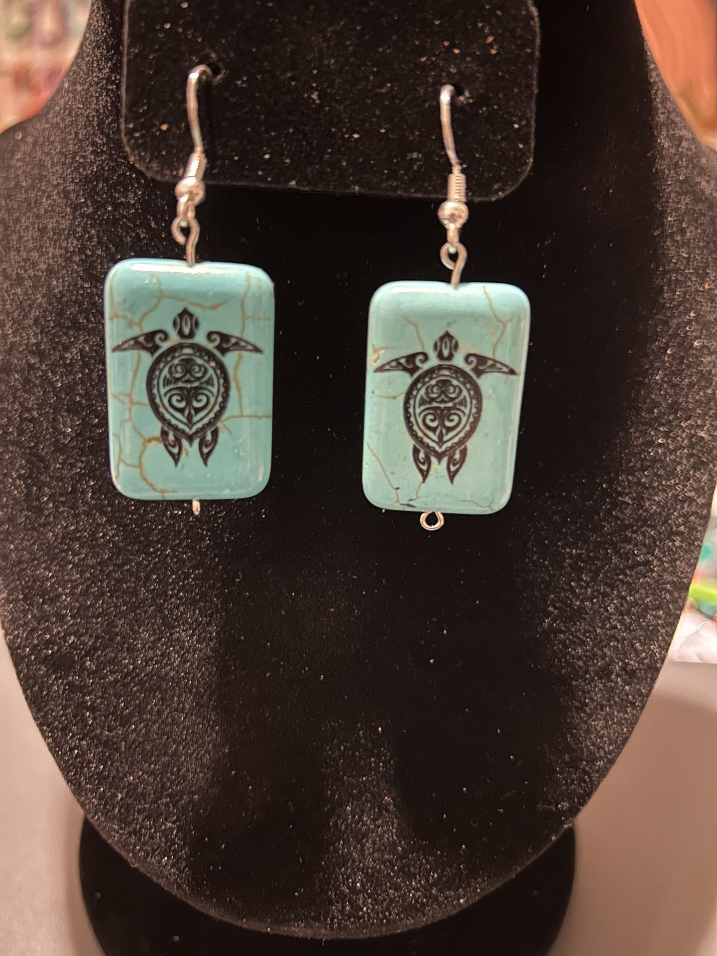 Silver And Turquoise Turtle Handmade Earrings