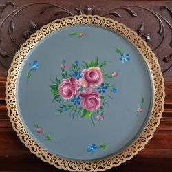 Vintage Nashco Tole Tray Green with Hand Painted Flowers Signed "Raymond"

