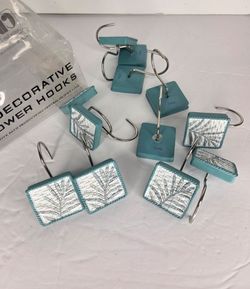 Tropical Palm Leaf Monstera Shower Curtain Hooks Set of 12 Teal and White Bath