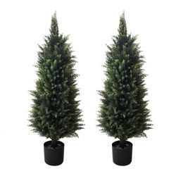 2 Pack 37 Inch Artificial Cedar Topiary Trees for Outdoor Front Porch Décor - UV Rated Fake Plants for Indoor and Outdoor Use, Potted Shr
