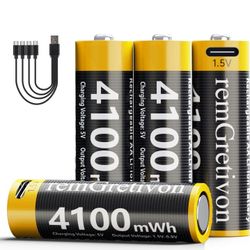 USB Rechargeable AA Batteries 4 Pack Includes 4-in-1 USB-A to USB-C Cable, 4100mWh Lithium-Ion,