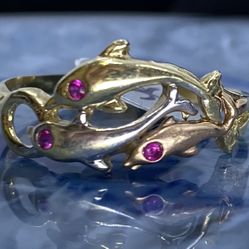 $400 Three Tone Yellow White And Rose Gold Dolphin Ring