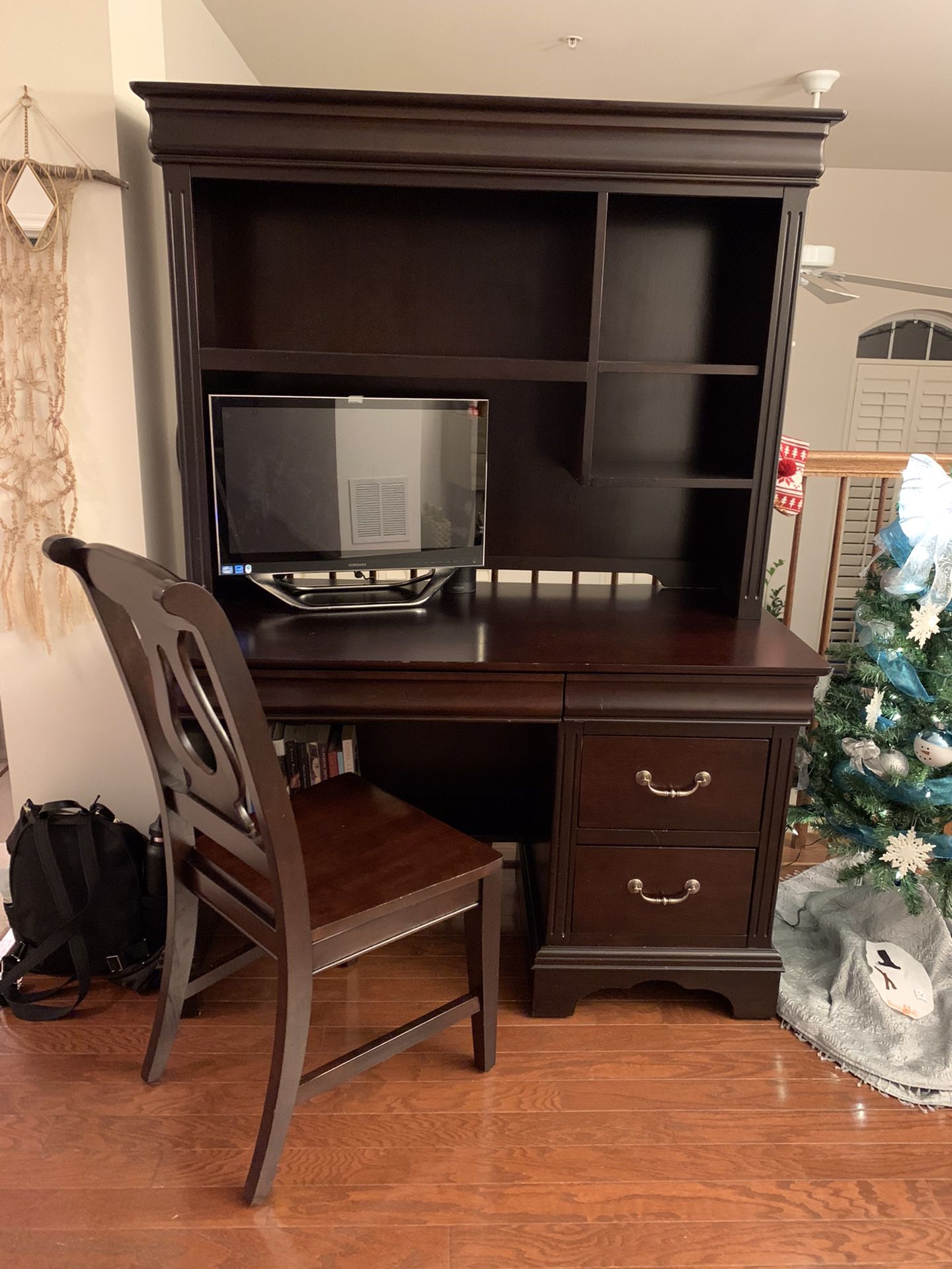 Solid Wood Computer Desk w/ Hutch and Chair