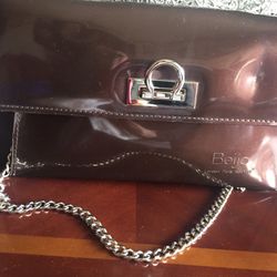 Beijo Handbag Clush Silver Chain Strap Pearl Brown Patton Leather