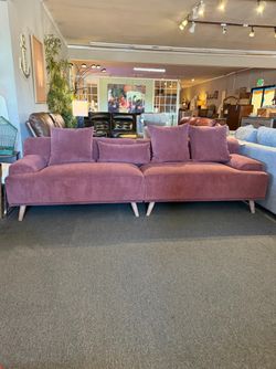 MCM Mid Century Modern Corduroy Upholstered Extra Long Sofa Wine Red Contemporary 