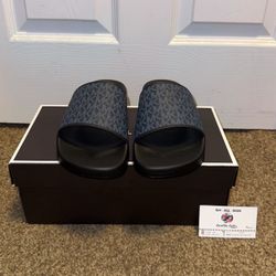 *Brand New*Michael Kors Navy Blue MK Logo All Over slides Size 10 