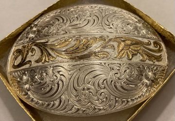 Vintage Metal Belt Buckle, Silver and Brass, Angie and BJ, 2 of Hearts Forever, Montana Silversmiths, Nice Western Design, 4" x 3", Heavy Duty