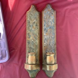 Set of 2 Wooden Wall Mounted Marble-Painted Candle Holders – Rustic Decor