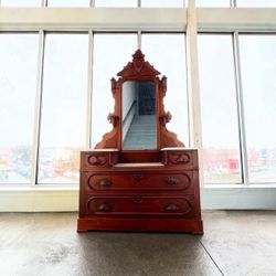 Vintage Victorian Marble Top Traditional Midcentury Modern Minimalist Brown Wood Dresser Chest Of Draws with Removable Mirror 