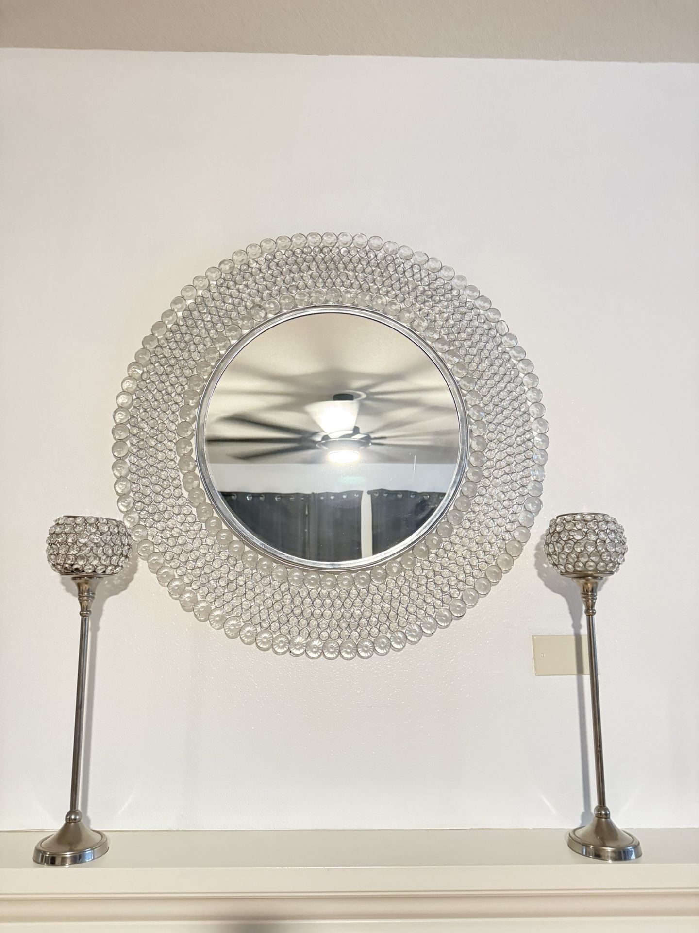 ✨ Round Crystal Beaded Mirror + Matching Candle Holders Set ✨