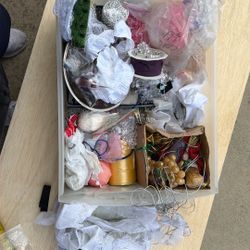 Misc Box Of Ribbons Plastic Vase Gems Etc 