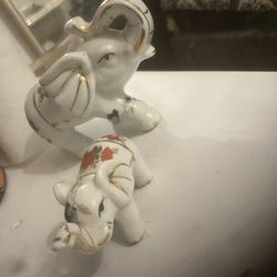 Vintage Ceramic Of Elephants Trunk Up For Luck Floral 