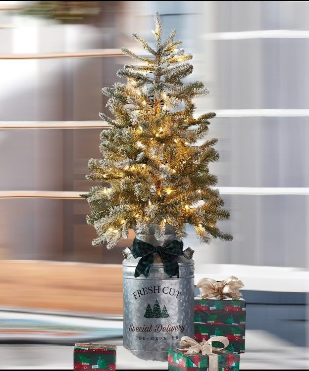 Vintage Milk Can Pre-Lit Topiary (Galvanized) Christmas Decor