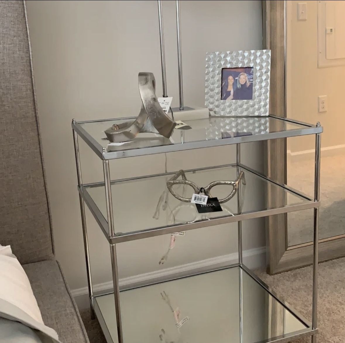 Joss & Main Chrome Silver Glass Mirror Accent End Table Nightstand $140 OBO