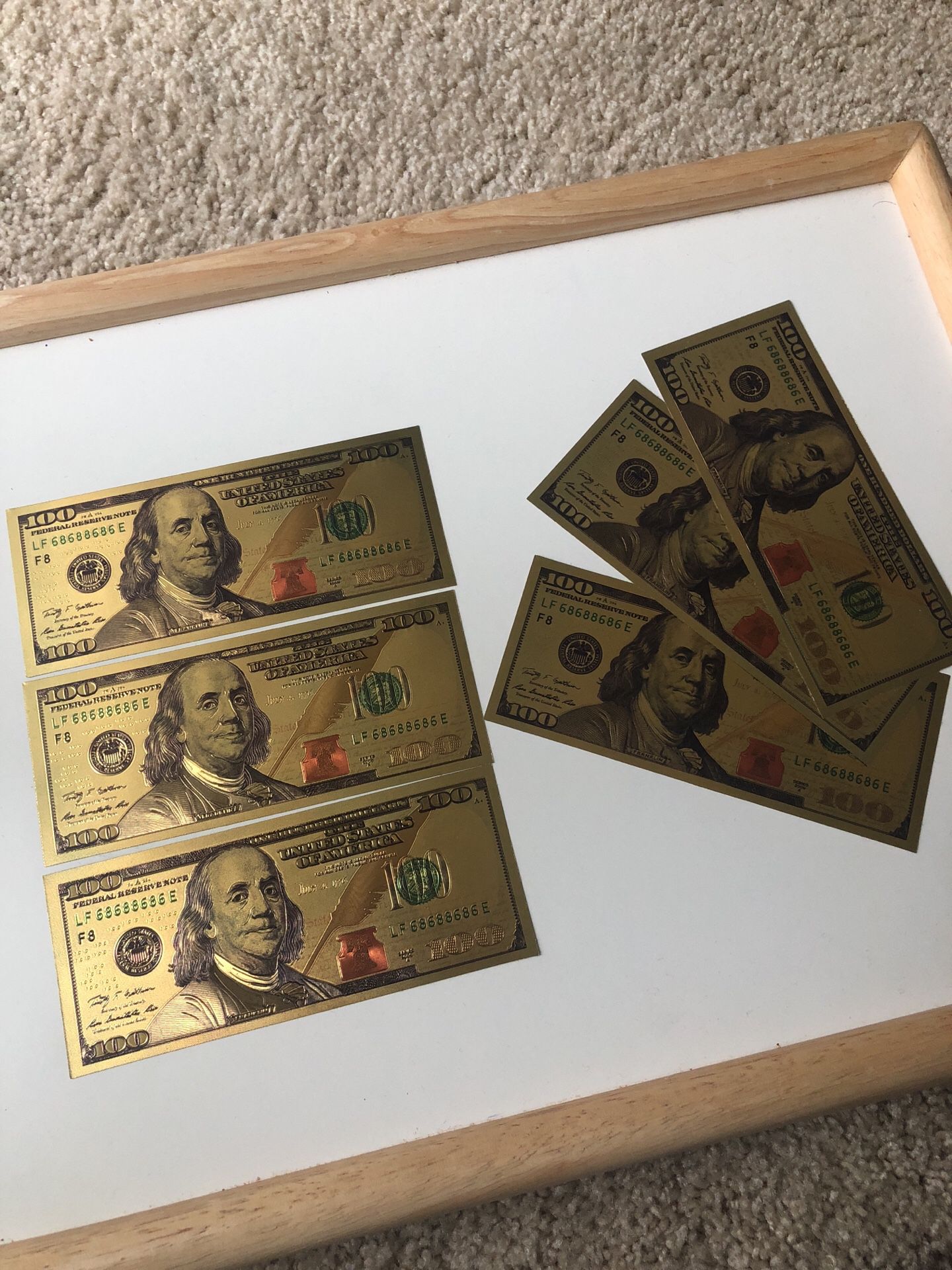 6 Gold Novelty $100 bills not real awesome as gifts