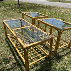 Vintage Mid Century Modern Bamboo Coffee Table And Two Matching End Tables 