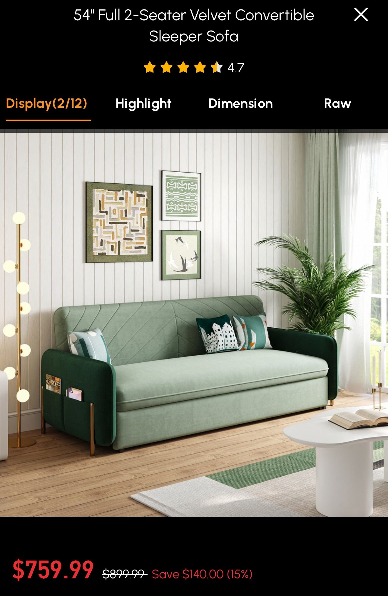 WAYFAIR 3-Seater Velvet Convertible Sleeper Sofa Couch with Storage (orig. $1050)