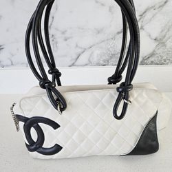 CHANEL Cambon Ligne Quilted Leather Bowler Tote Bag White