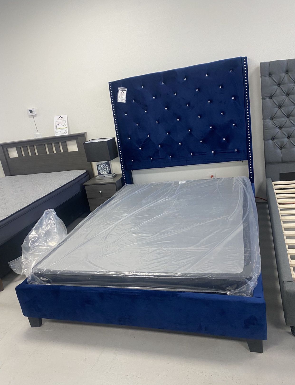 Brand New Blue Velvet Bed frame With Diamonds