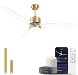 New 52" Smart Ceiling Fan with Light,Remote & App Control Reversible Dimmable Clear Blades) Gold
