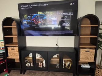 Arched shelves with tv stand cabinet. Entertainment center.